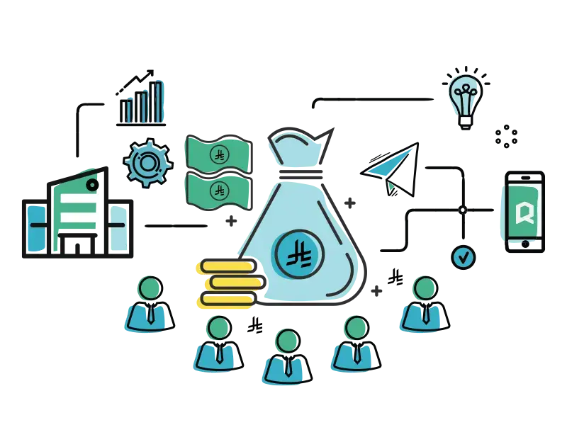 التمويل الجماعي في السعودية: كيف تحصل على تمويل سريع رسم توضيحي لمفهوم التمويل الجماعي الرقمي في السعودية يظهر فيه المستثمرون وتدفقات السيولة للمنشآت.