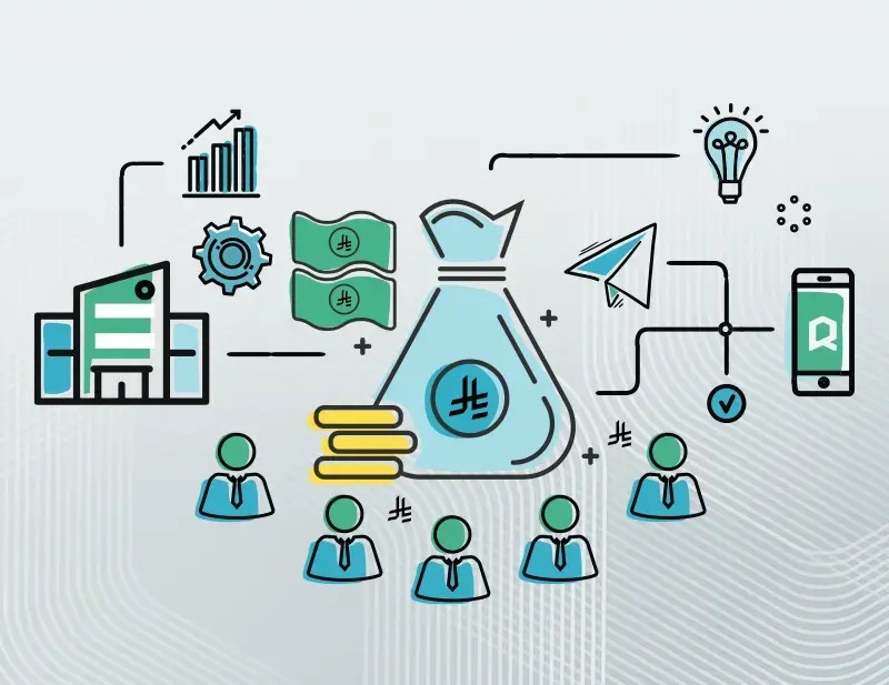 Blog Image رسم توضيحي لمفهوم التمويل الجماعي الرقمي في السعودية يظهر فيه المستثمرون وتدفقات السيولة للمنشآت.